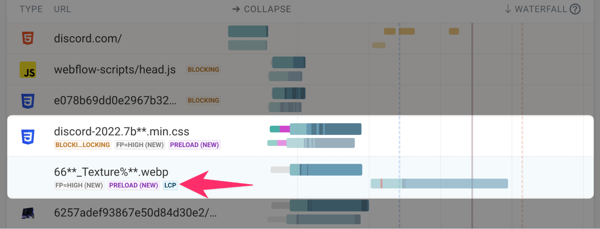 Request waterfall diff view showing the LCP image is preloaded